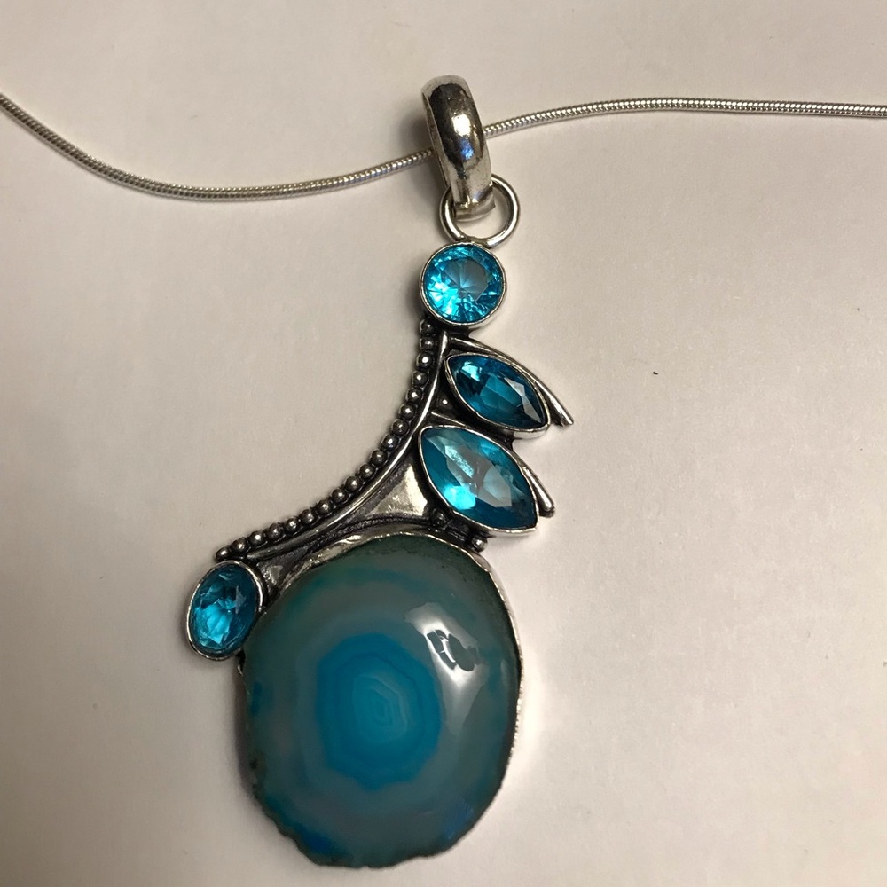 Solar Quartz Blue Topaz Stamped 925 Sterling Silver Necklace
